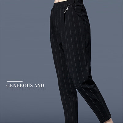 

Spring&autumn striped elastic high-waisted harem pants for women with nine point pants plus fat plus-size baggy mm casual radi