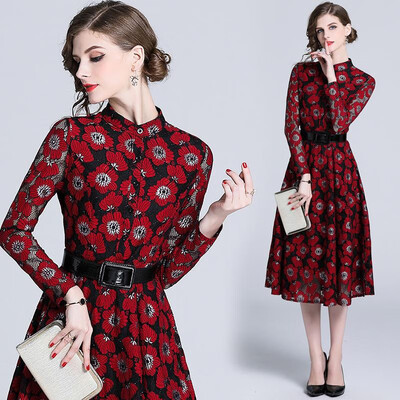 

M L XL XXL elegant new spring 2019 lace long dress women long sleeve black red flower printed mid calf slim A line lady with belt