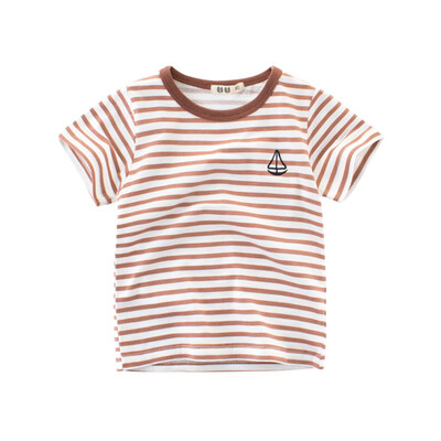 

Boy Short Sleeve Cotton T-Shirt Round Neck Tops Summer Kids Clothes Stripe Shirt Tee Brown 90