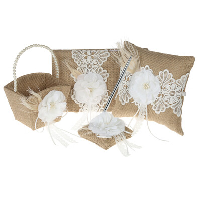 

4pcsset Vintage Rustic Burlap Wedding Supplies Flower Girl Basket 7 7 inches Ring Bearer Pillow Guest Book Pen Holder Set
