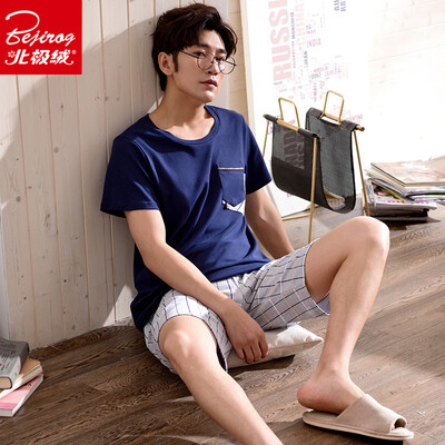 

Arctic velvet pajamas mens summer short-sleeved shorts cotton spring&summer youth students thin summer mens home service suit 2002 blue L