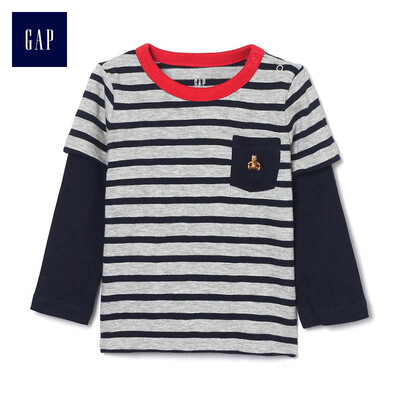 

GAP flagship store childrens clothing baby cotton long-sleeved T-shirt male baby striped fake two-piece shirt 399712 light gray 80cm 12-18 months