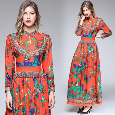 

M L XL XXL elegant new autumn 2018 women long maxi dress long sleeve red flower vintage print A line ankle length office lady