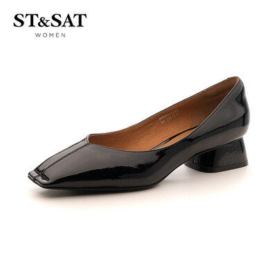

Saturday womens shoes ST&SAT lacquered cow leather fashion simple&elegant shallow mouth thick with single shoes SS91111255 black 38