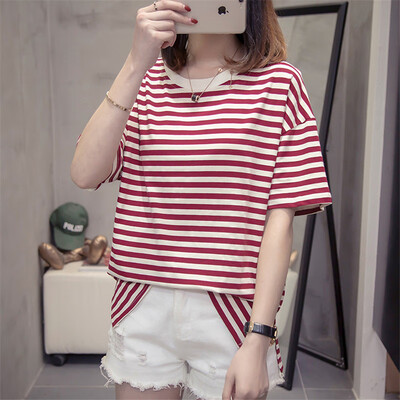 

JOY OF JOY Jingdong Womens 2019 Summer New Short Sleeve Striped Cotton Knit Joker T-Shirt Women Loose Top Women JWTD191471 Red