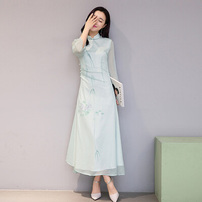 

Cypress 2019 spring new womens stand collar elegant print nine-point sleeve improved version cheongsam dress S91R0041LA142XL light green