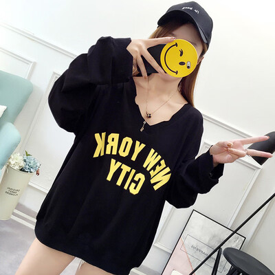 

CITYPLUS 2019 new long-sleeved thin section loose V-neck letter wild student T-shirt CWTC191121 black
