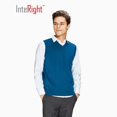 

INTERIGHT full wool mens business casual V-neck wool vest Tibetan blue M