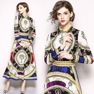 

DFYOP New Style Womens Lapel Long Sleeves Retro Printing Body Repair Big Swing Dress