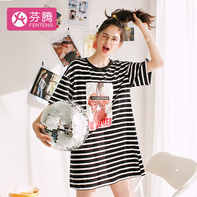 

Fen Teng 2019 spring&summer new cute cartoon round neck casual cotton short-sleeved home service ladies pajamas nightdress J980A21690 black strip L