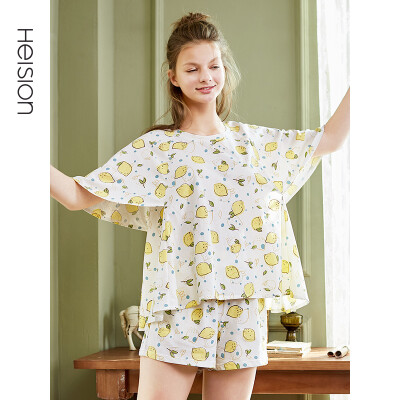 

Haizhining pajamas women summer cotton thin short-sleeved shorts two-piece suit home service Korean fashion can wear 2019 spring&summer new H91XWJT026 white lemon full printing M code