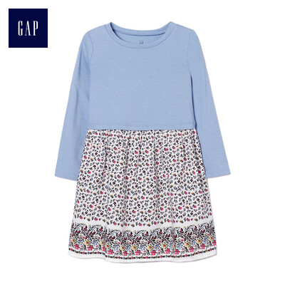 

GAP flagship store female young print round neck long sleeve stitching dress 356975 moonstone blue 18-24M