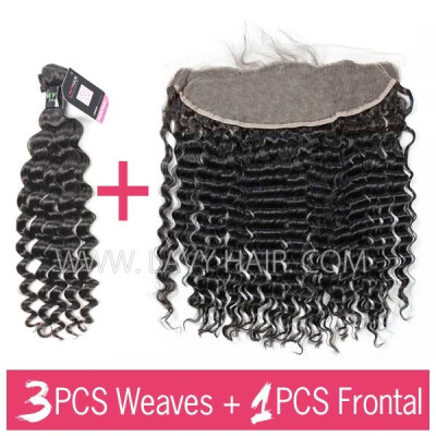 

Superior Grade mix 3 bundles with 134 lace frontal closoure Brazilian Deep Wave Virgin Human Hair Extensions