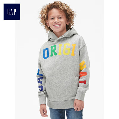 

GAP flagship store childrens clothing boy hoodie pullover letter print sweater 399943 light gray ash 120cm
