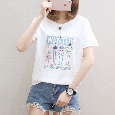 

Langyue Womens 2019 Summer New Cartoon Letter Print Short Sleeve T-Shirt Female Korean Student Loose Casual Top LWTD191541 White M