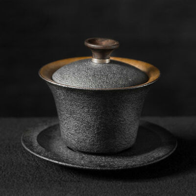 

Black Ceramic Gongfu Tea Gaiwan with Wooden Knob Lided Teacup 110ml 37oz