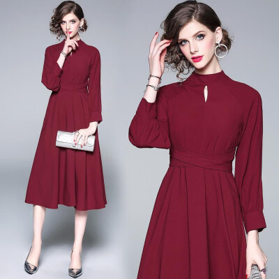 

M L XL elegant new spring 2019 long dress women long sleeve red slim A line mid calf vintage lady