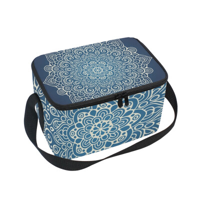 

Lunch Box Insulated Lunch Bag Large Cooler Ethnic Floral Navy Tote Bagfor Kids Men Women