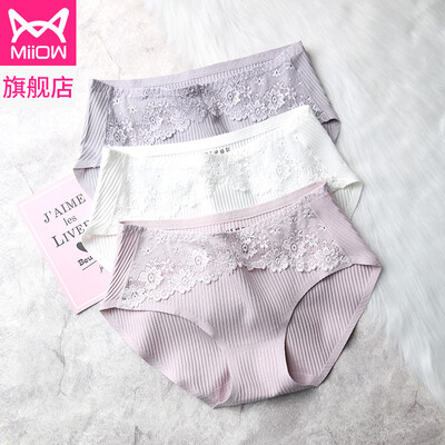 

Cat man modal lace sexy seamless ladies underwear mid-waist sweet cute girl student shorts briefs light gray white gray purple M