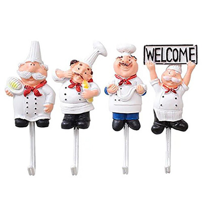 

UpperX Pack of 4 Resin French Chef Figurine Wall Hooks Decorative Cook Wall Mount Rack Hook HangerAssorted Style