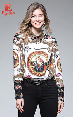 

S M L XL elegant satin new autumn 2018 women blouse shirt long sleeve white&gold vintage digital print slim office lady top