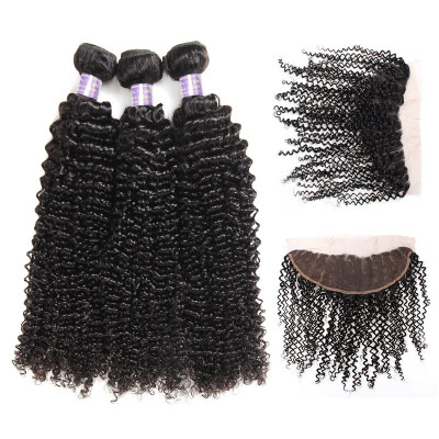 

8A Kinky Curly Hair Extensions with 134 Frontal Remy Human Hair Lace Frontal Closure With 3 Bundles Natural Black