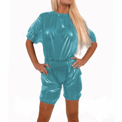 

Women Latex 100 Rubber Ruffle Short Bodysuit Light Blue 04mm - XXL