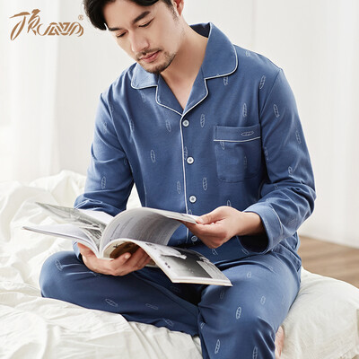 

Top melon melon pajamas mens cotton spring casual printing lapel mens long-sleeved home service suit jd50120 Navy 175