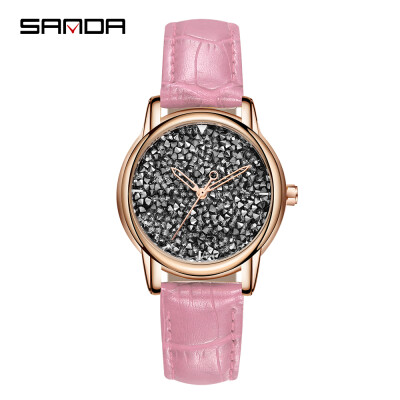 

SANDA P221 Simple Women Watch Leather Diamond Quartz Movement Watch Waterproof Casual Clock Wristwatch for Female