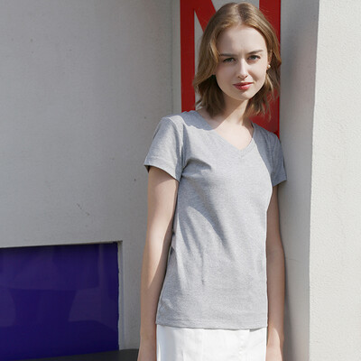 

Beijing Tokyo made JZAO ladies short-sleeved T-shirt cotton V-neck spring&summer Slim simple new silk soft plush cotton gray