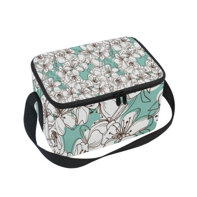 

ALAZA Insulated Lunch Box White Flowers Blue Lunch Bag for Men Women Portable Tote Bag Cooler Bag