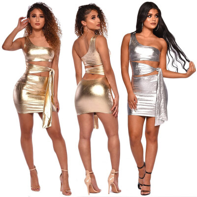 

Sexy Nightclub Womens Laser Reflective Fashion Sleeveless Off-Shoulder Set Skirt