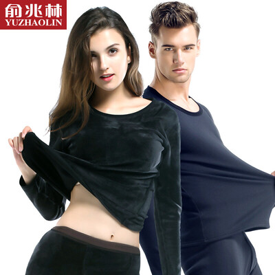 

Yu Zhaolin thermal underwear men&women couple plus velvet thick gold velvet round neck suit autumn clothes long pants cotton women - texture black XL