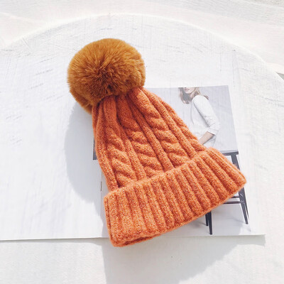 

Hat Female Winter Fur Ball Wool Hat Twist Knit Hat Simple Wool Blend Knit Hat