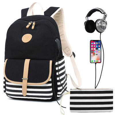 

2pcsSet Large Women Backpacks Female School Bag For Teenage Girls Blue Canvas Women Backpack USB Charge Shoulder Bag Rucksack