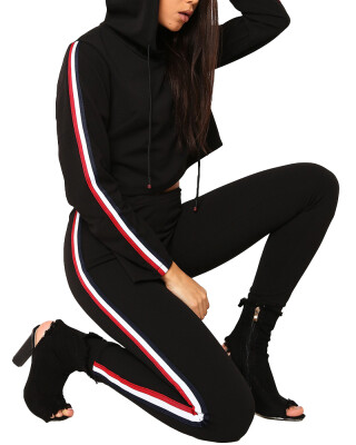 

Women Two Piece Set Tracksuit Hooded Drawstring Crop Top Sport Pants Side Stripes High Waist Casual Sweat Suit