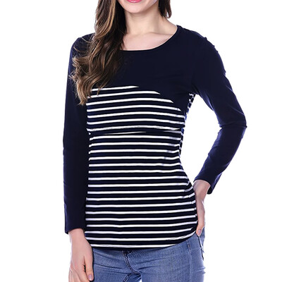

Womens Maternity Striped Nursing Breastfeeding Shirt Long Sleeves Top Clothes Blue