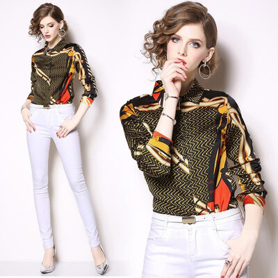 

S M L XL XXL vintage new spring 2019 women blouse shirt long sleeve black gold digital striped print office top lady