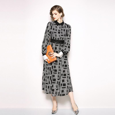 

M L XL vintage new spring 2019 women long maxi dress long sleeve black white plaid ankle length A line elegant office lady