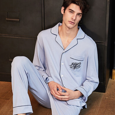 

Netease carefully selected pajamas mens home service cotton mens long sleeves can be worn outside cardigan cotton pajamas mens suit mens combed cotton knit embroidery home service shirt pants gray blue