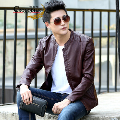

Crocodile shirt CROCODILE leather mens jacket 2018 autumn&winter new fashion slim collar locomotive short jacket mens 821 dark red 2XL