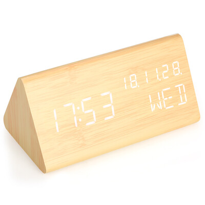 

Triangular Wooden LED Digital Sound Control Alarm Clock USBBattery Powered Dimmer Thermometer Clock with 3 Alarms Weekday Alarm--