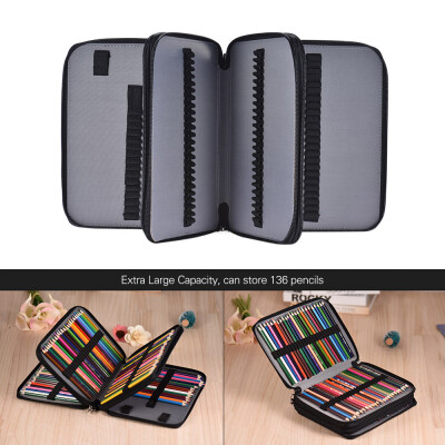 

136 Slots Color Pencil Case Multi-functional Bag Pu Leather Zippered Portable with Handle Strap