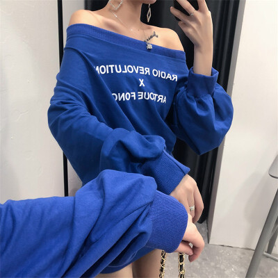 

Trend word collar dress 2018 autumn new fashion off-the-shoulder long-sleeved letter waist long skirt female