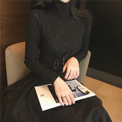 

Retro temperament hot silver high collar long sleeve stitching tie high waist slimming long dress 2018