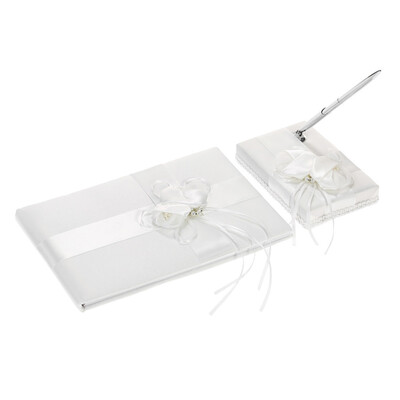 

White Satin Ribbon Wedding Guset Signature Book&Pen Stand Set with Satin Flower Faux Pearls Decoration
