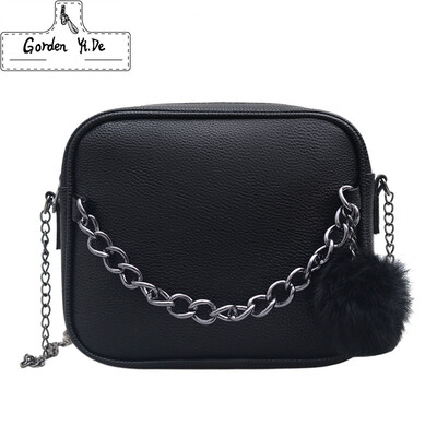 

Women Messenger Bag Chains PU Leather Shoulder Bag Vintage Small Mini Flap Bag Fur Ball Decor Bolsas Crossbody Handbags