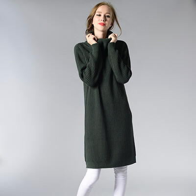 

PREISEI Autumn Winter Women Casual Simple Loose Turtleneck Long Sleeve Knitted Knee-Length Sweater Dress Vestido