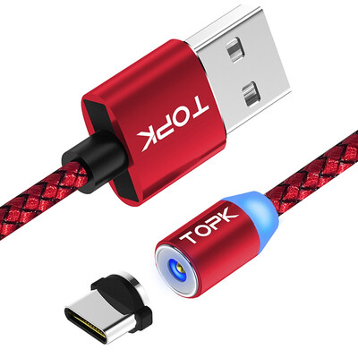 

R-Line1 1M USB Type C Magnetic Cable TOPK R-Line1 Upgraded Reflective Nylon Braided Type-C Cable LED Magnet USB-C Charging Cable