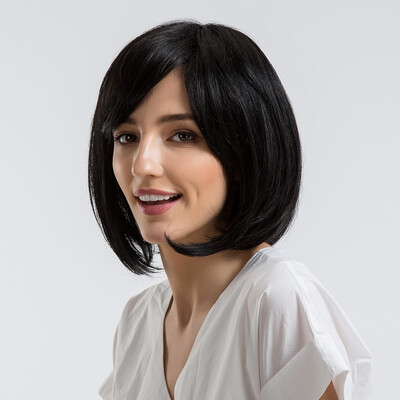 

BLONDE UNICORN 12 Inch Black Color Bob Wigs With Side Bang Human HairSynthetic Blend Wigs Machine Made No Lace Full Head Wigs